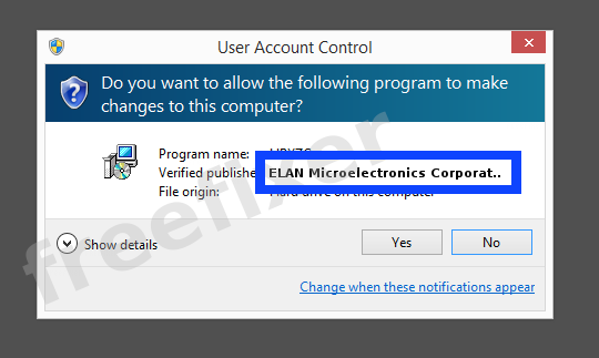 Screenshot where ELAN Microelectronics Corporation appears as the verified publisher in the UAC dialog